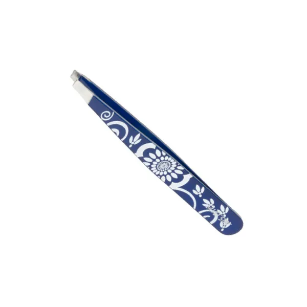 Пинцет со скошенными краями, цветной, синий с узором